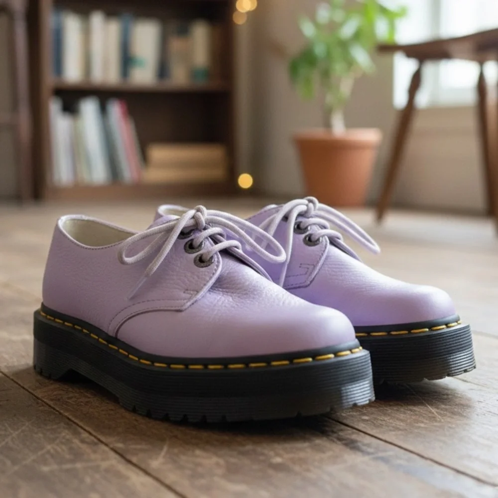 DR. MARTENS Women’s Airwair 1461 Quad II Lilac Pisa Leather Platform Shoes
